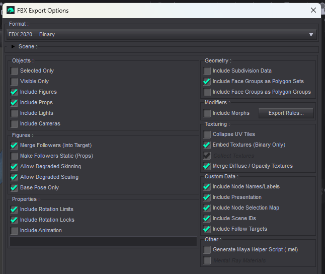 Daz Studio FBX export settings